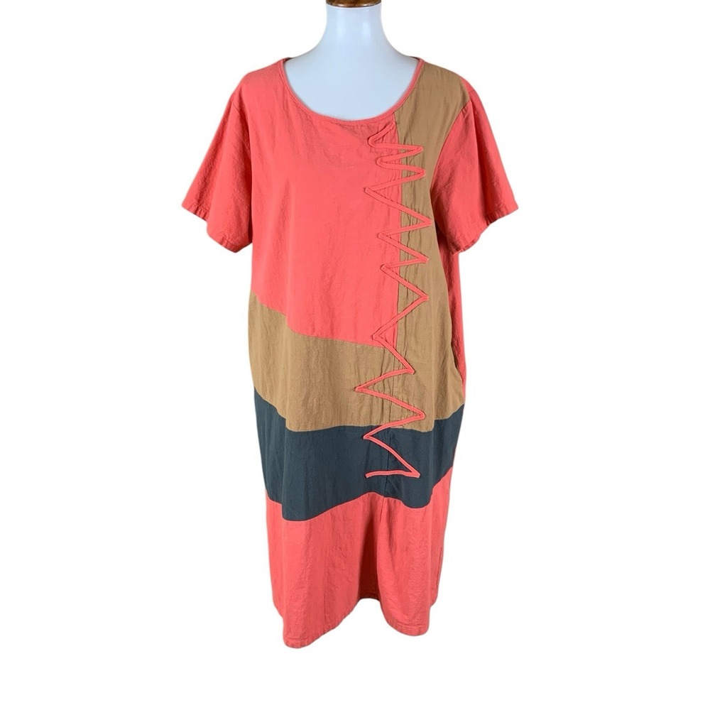 Anself‎ 4XL Artsy Colorblock Patchwork Cotton Dress Coral Tan Black Short Sleeve
